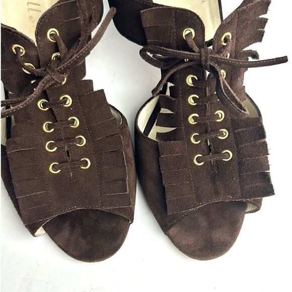 Bettye Muller Brown Suede High Heels Sandals Lace Up with Fringes Italy 40 US 10 - Picture 8 of 15